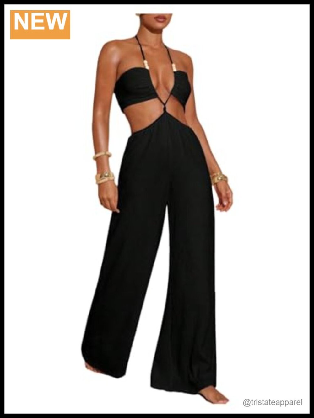 Women's Halter Wide Leg Jumpsuit Beaded Cut Out Sleeveless Flowy Romper